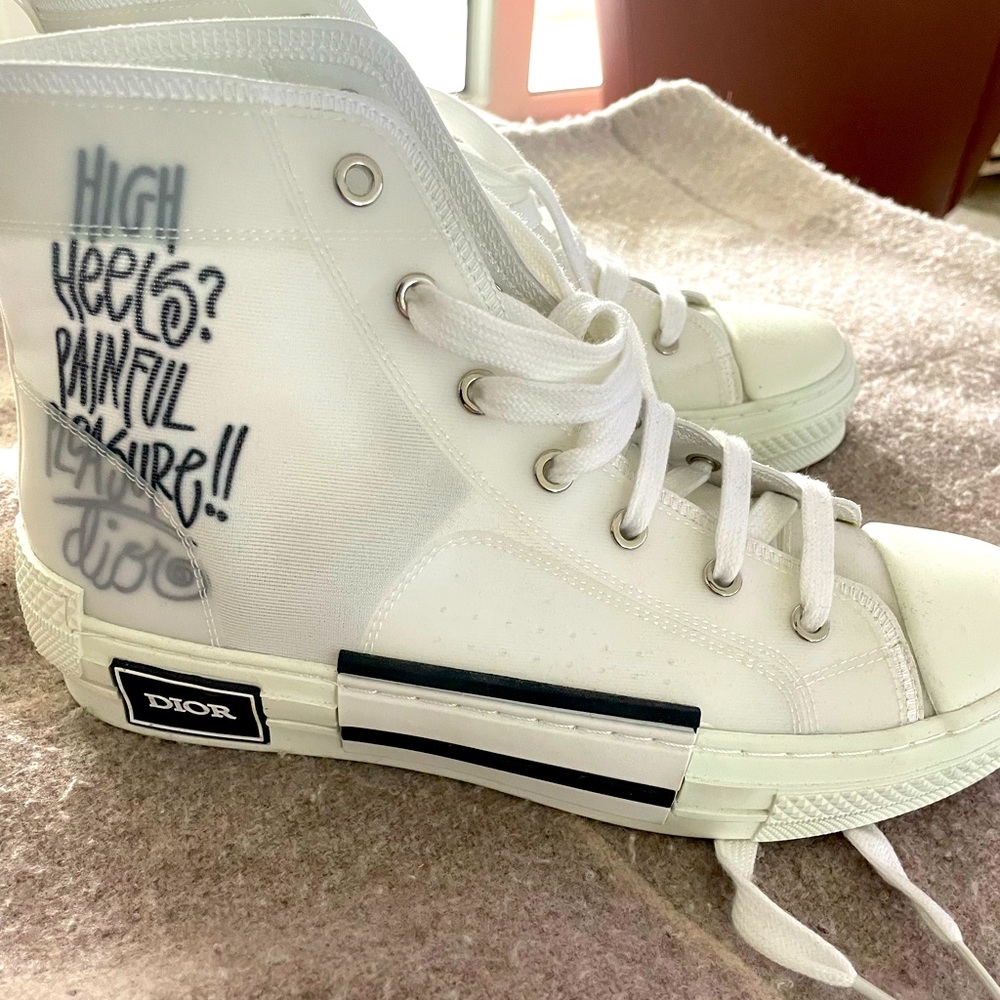 DIOR style high top white sheer sneakers